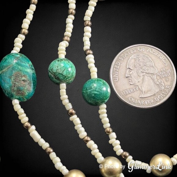 Bohemian Extra Long 84" Green Stone Seed Bead Gold Tone Bead Continuous Necklace - Picture 9 of 13